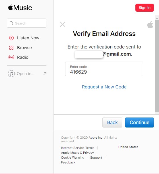 Apple Music- verification code