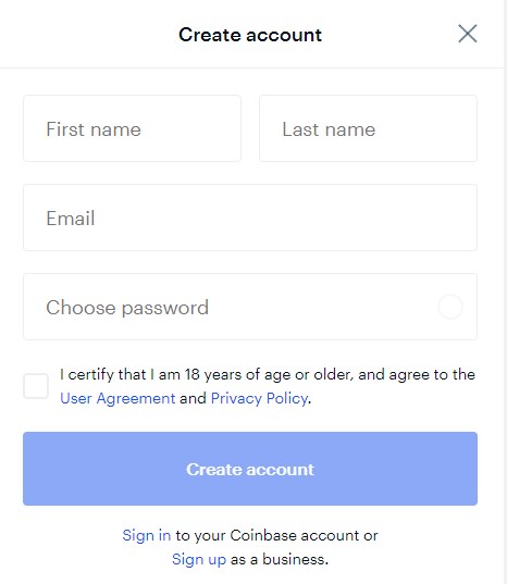 Coinbase - create account